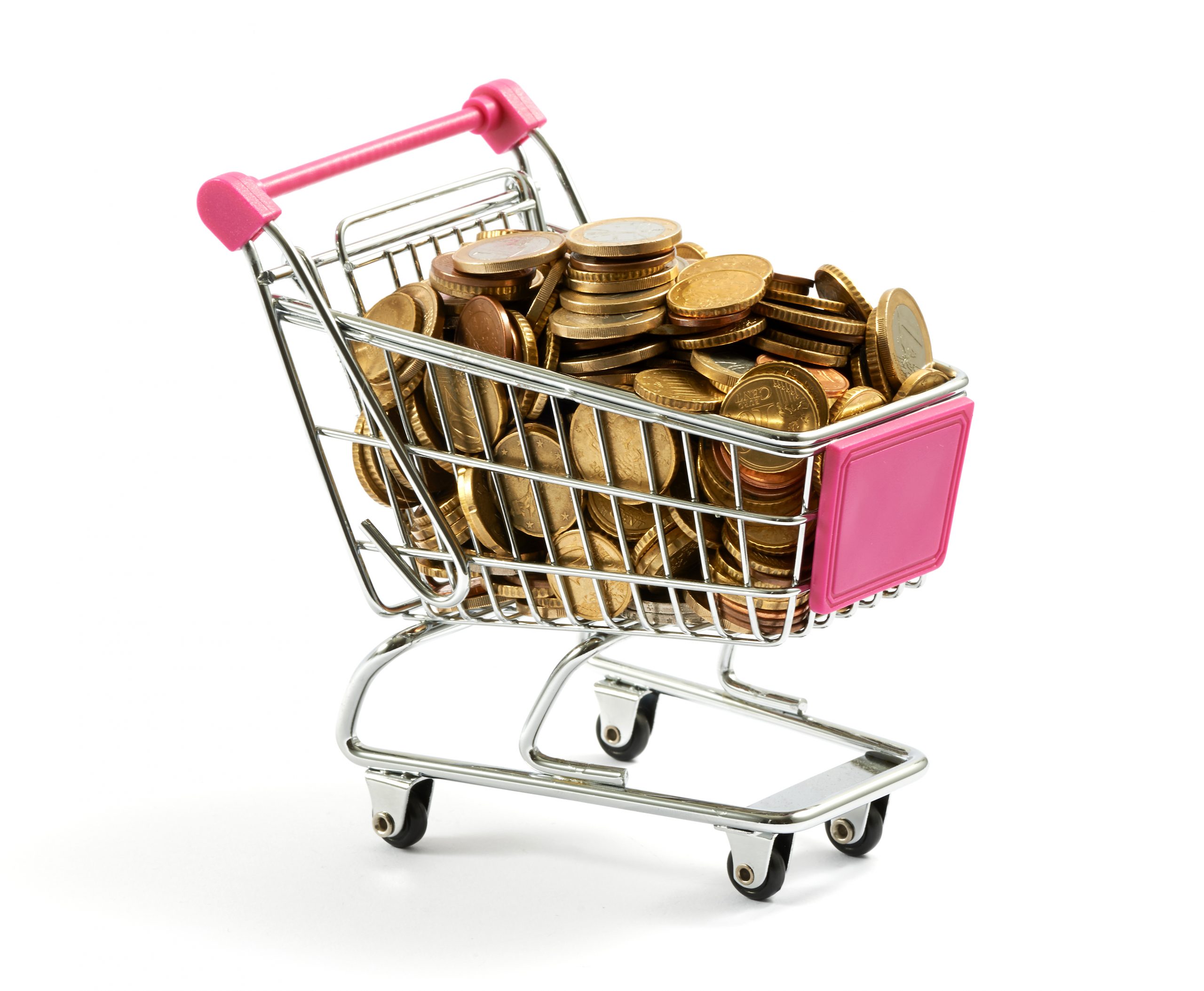 Selling on Amazon depicted by coins in a trolley